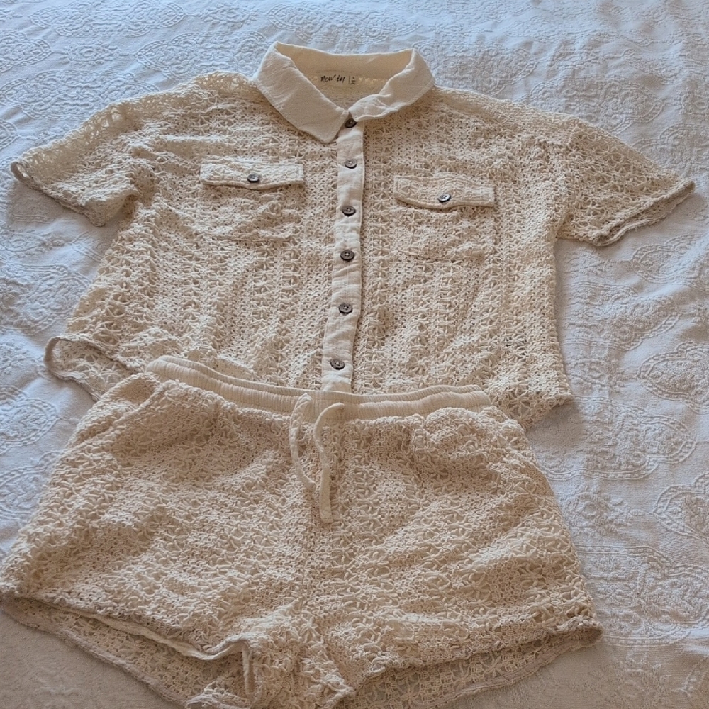 Elegant Lace Button-Up Top and Shorts Set